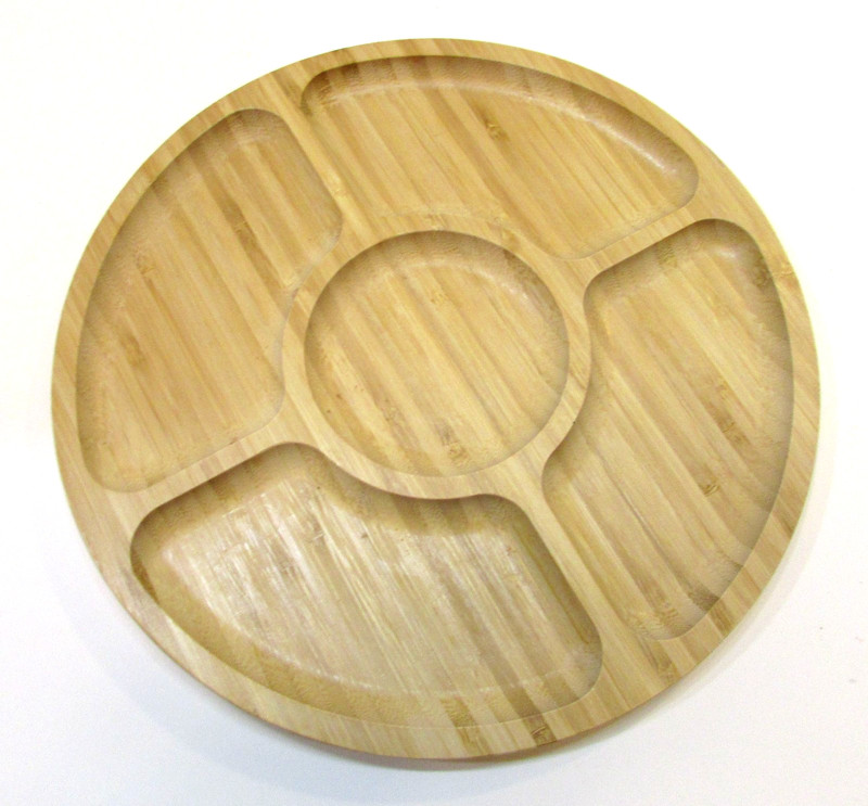 Vintage 1990s 10" dia Bamboo Wood Shallow 1/2" Five Section Divided Serving Tray