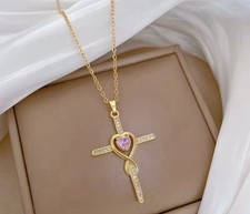 Gold Plated Cross Pendant Necklace With Pink Heart Center