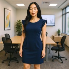 Talbots Dress 8 Petites Italian Flannel Blue Wool Blend Ruffle Sleeve Sheath