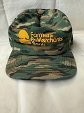 Vintage Snapback Hat Cap Camo Farmers & Merchants Bank Made In USA Green 80s 90s
