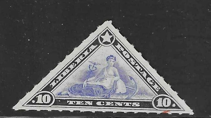 Liberia 1909, 10c triangle official, ROULETTE, "OS" nearly missing #O69