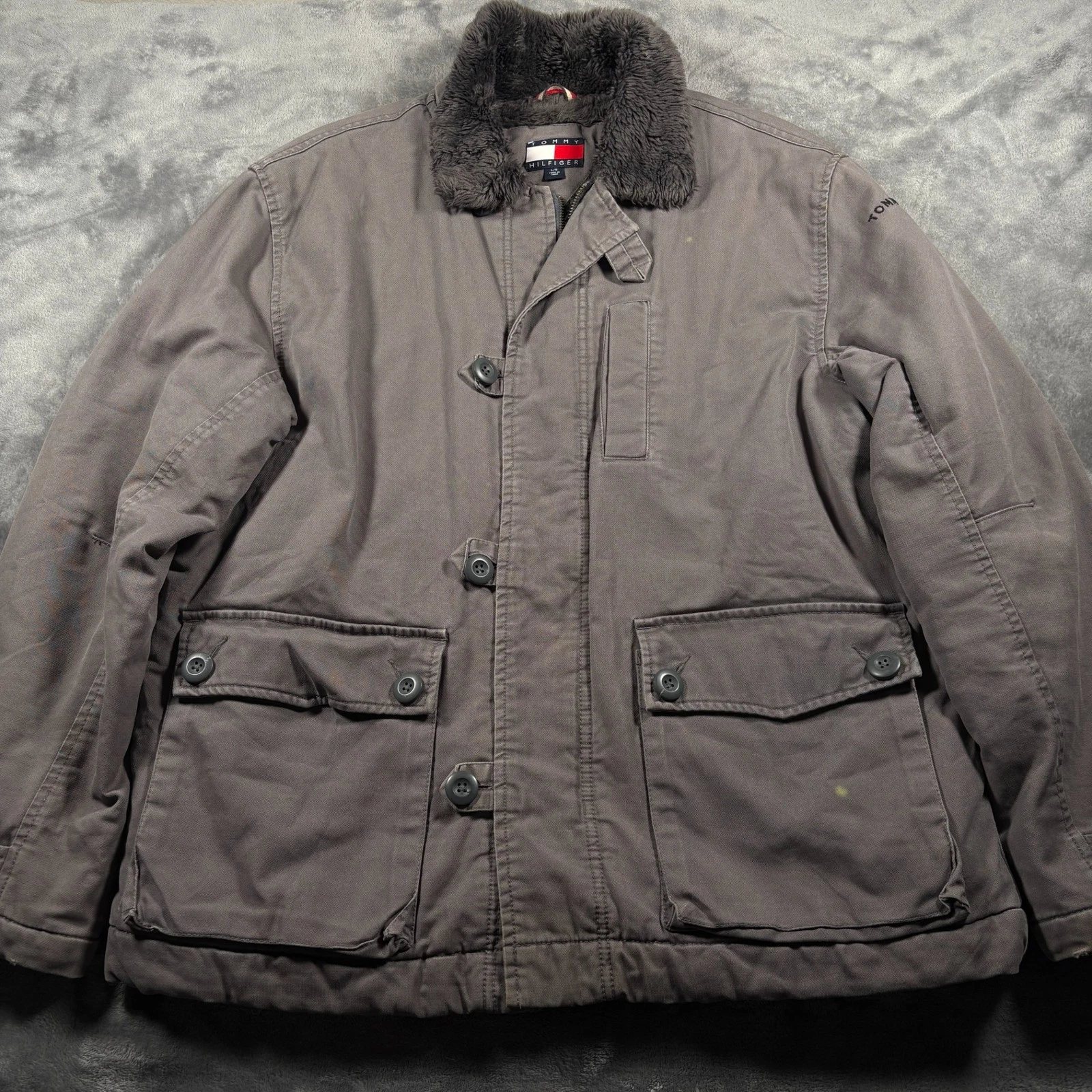 Tommy Hilfiger Jacket Mens Large Brown Casual Utility Faux Fur Collar Insulated