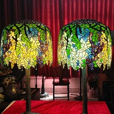 a pair tiffany antique table lamp, wisteria replica, bronze base.US Duty Free