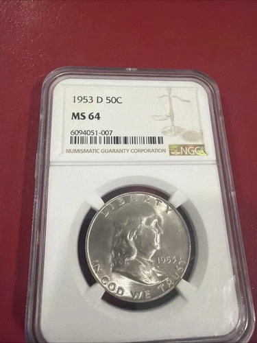 1953-D 50C Franklin  Silver Half Dollar NGC Certified MS-64