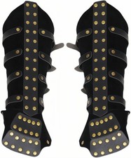 Medieval Leather Arm Guards with Brass Studs, Black, Adjustable Buckle Straps...