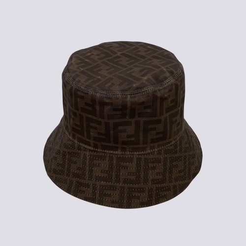 Fendi FF Zucca Monogram Logo Pattern Cotton Canvas Bucket Hat Cap Brown Size L