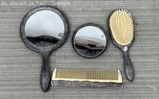 Vintage Vanity Set Silver Plated Mirror Comb and Brush Set Made in Hong Kong EXC