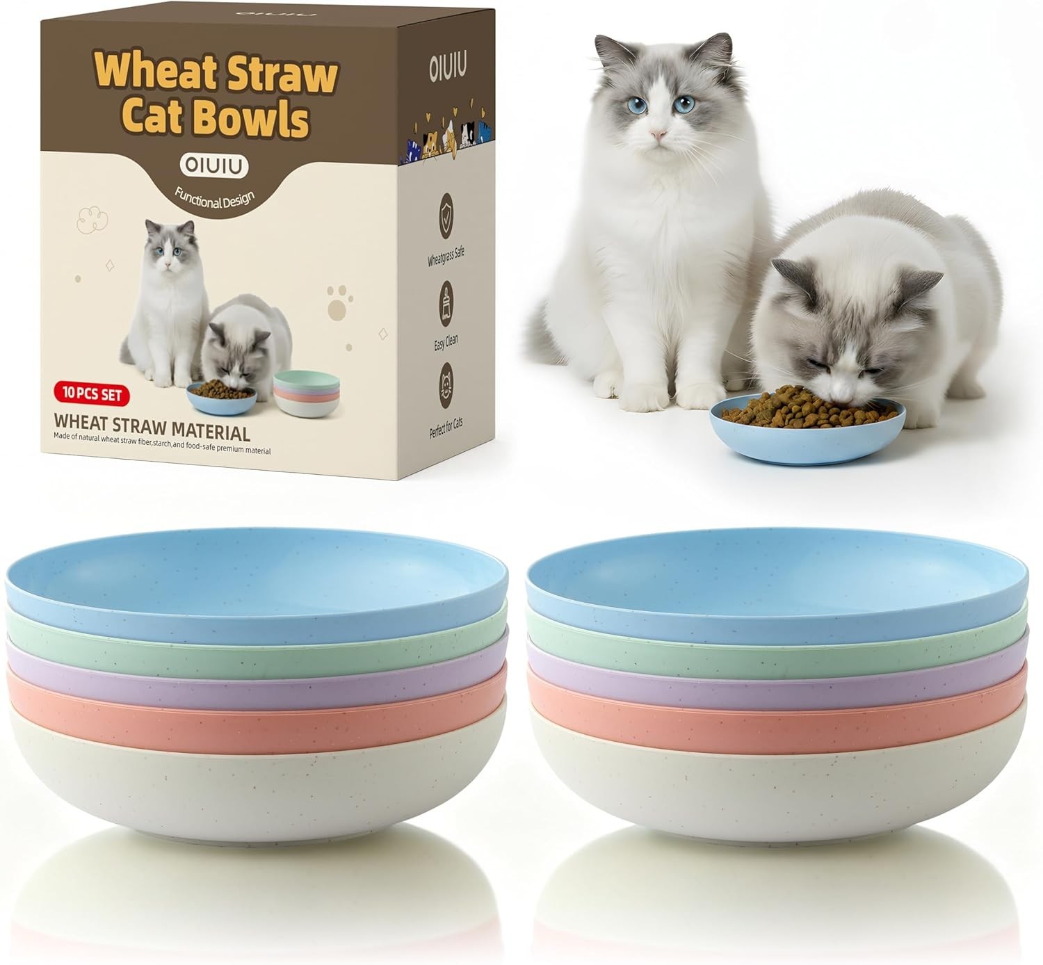 10 Pack Cat Bowls, Whisker Friendly Kitten Dishes, Durable Wheat Straw Cat Food