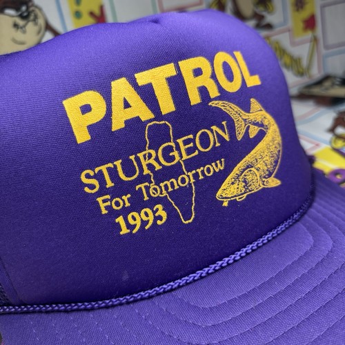 Vintage Sturgeon Fish For Tomorrow Mütze 1993 lila gelb Trucker Cap Schaumstoff Netz Seil - Bild 4 von 11