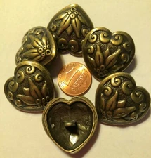 6 Large Domed Antiqued Brass Tone Metal Buttons Almost 1 1/8" 28mm Heart 9521