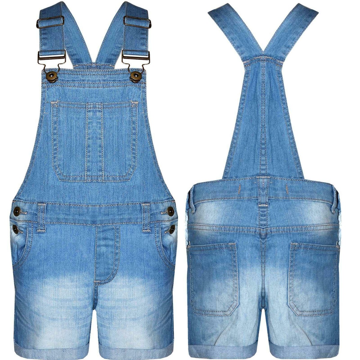 Girls Kids Dungarees Jumpsuit Stretch Denim Jeans Short Hot Pants Dress  Playsuit