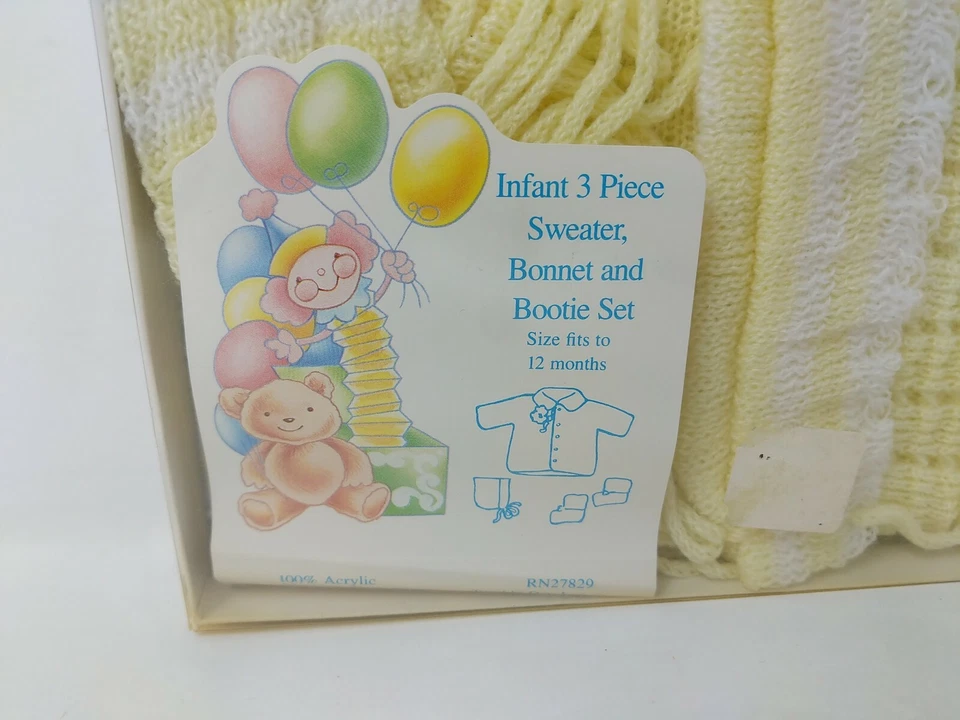 Cradle Knit Infant Baby Sweater Hat Bootie Set Yellow VTG 1970s 70s 80s 1980s - Image 2 of 4