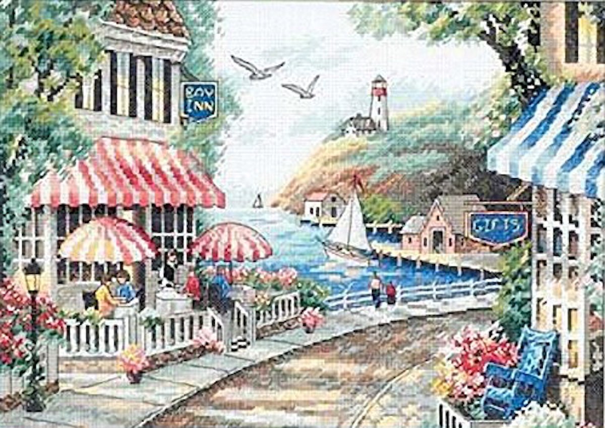 Café by The Sea Cross Stitch Kit 14 Count White Aida 14x10 Inch