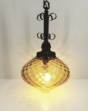 Vintage 21" MCM Hanging Swag Lamp Amber Orange Glass