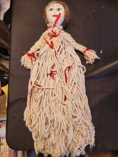 VINTAGE - 24" Handmade Mop Head Doll - Light Brown Braided Hair w/ Red Ties
