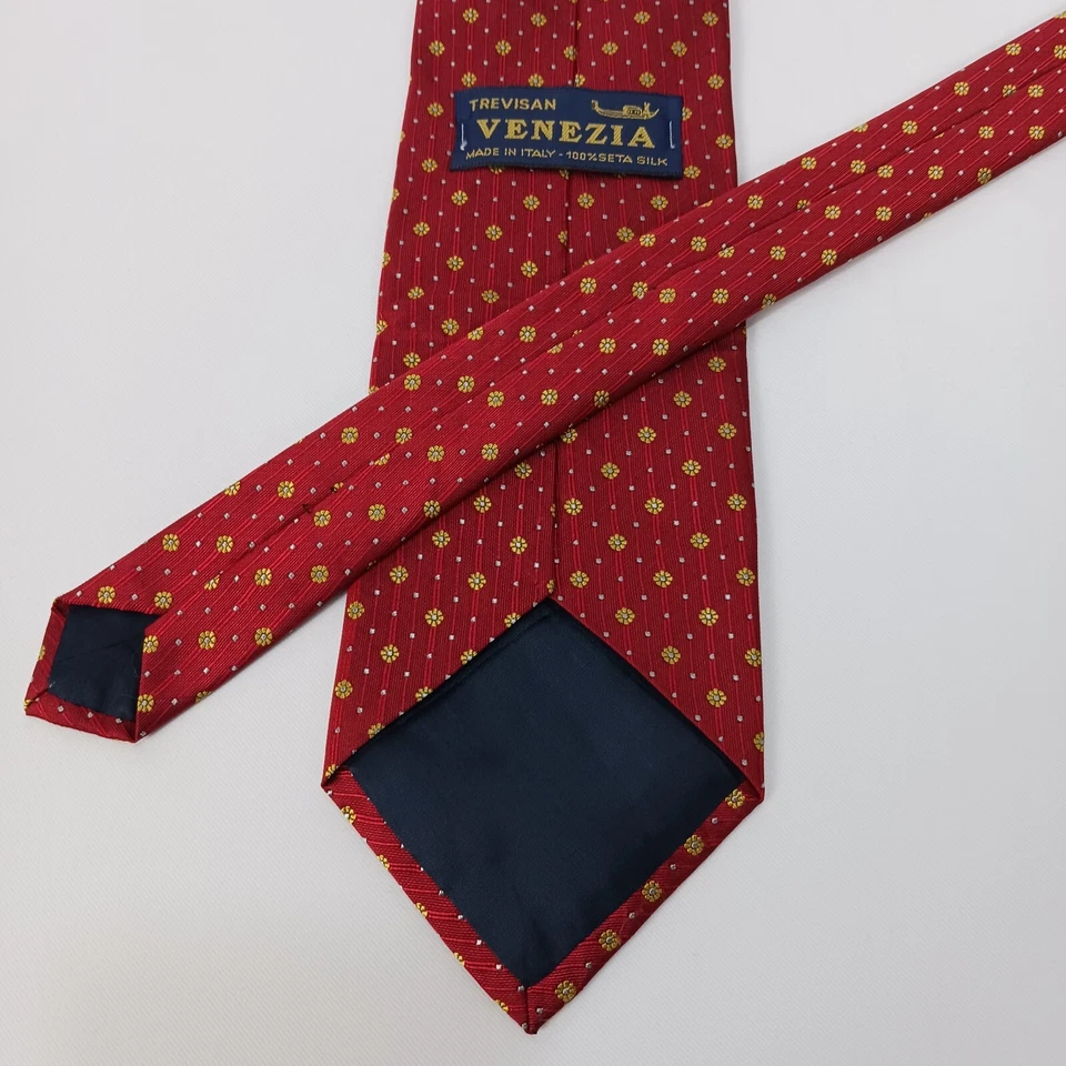Галстук шелковый Trevisan Venezia красный желтый геометрический мужской галстук Италия 56 дюймов 3,75 дюйма - Изображение 4 из 4