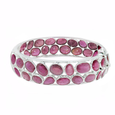 De Buman 40.8g Sterling Silver 2-Row Natural Ruby Ladies Bangle Bracelet, 7.78''
