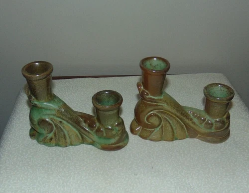 Frankoma Candlestick Holders Prairie Green Ada Clay