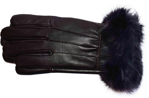 Women's Fur Trimmed leather gloves, Black, Brown Warm Winter Gloves dress gloves - Picture 35 of 37