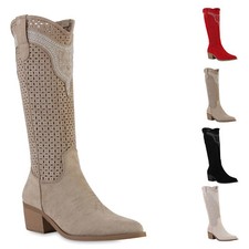 Damen Cowboystiefel Spitze Cut-Outs Holzoptikabsatz Schuhe 841580 New Look