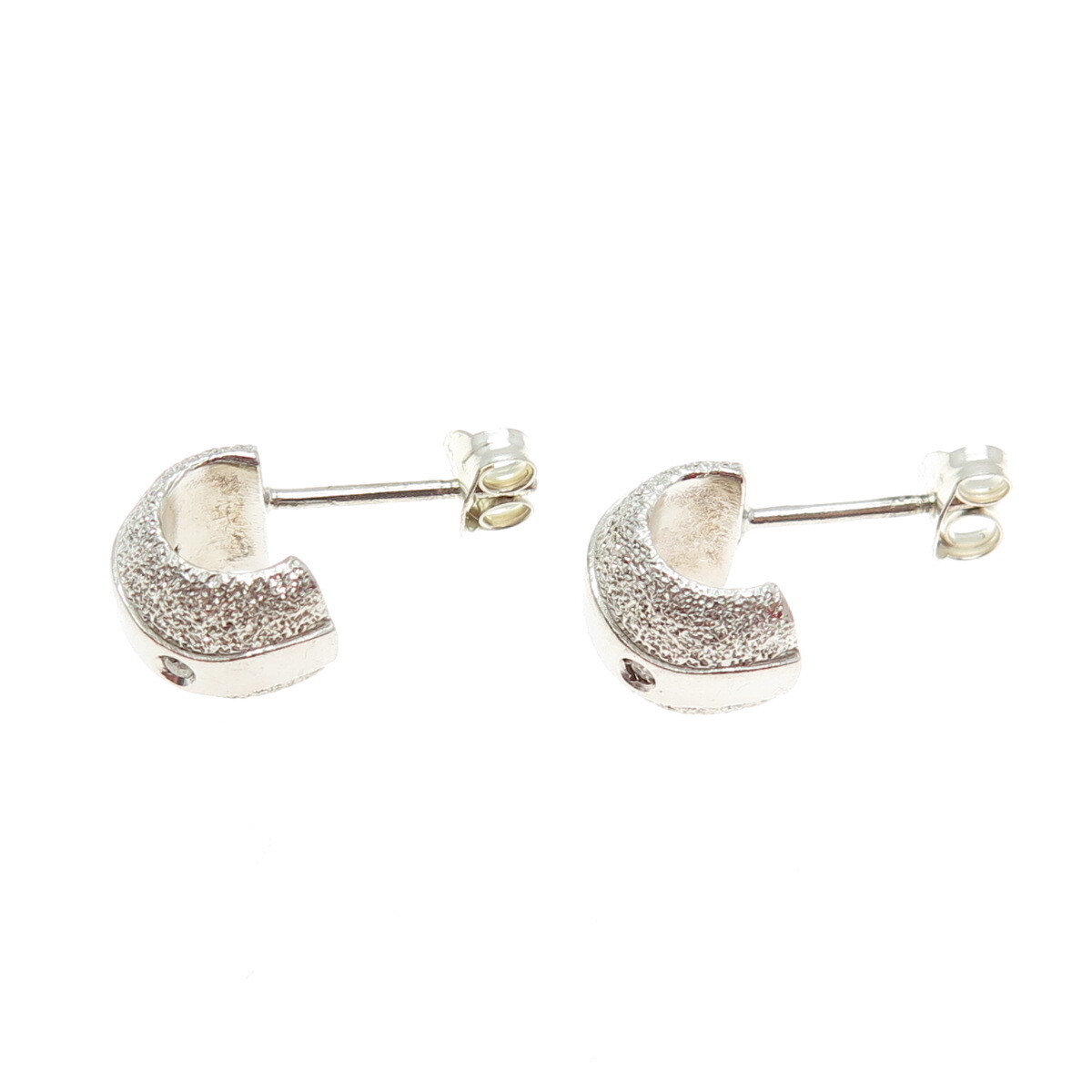 925 Sterling Silver Real Round-Cut Diamond Textured Half Hoop Earrings View 5