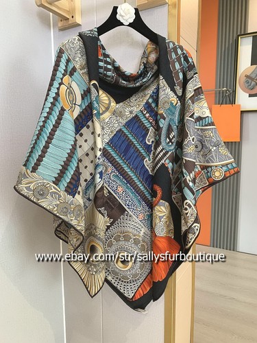 Sallys Boutique 70% Cashmere 30% Silk Wrap Scarf Samurai Print Square Shawl 53" - Picture 12 of 32