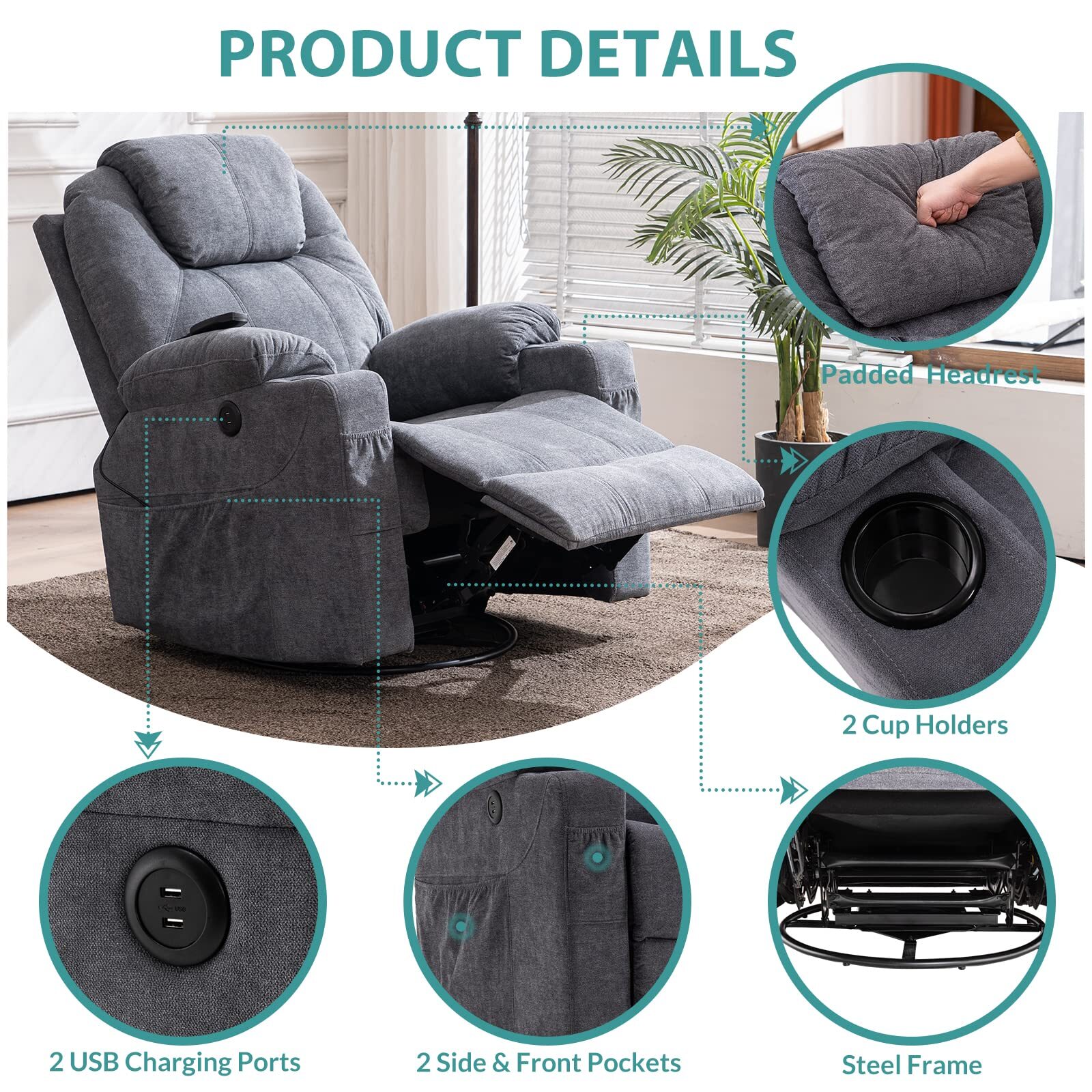 Massage Recliner Chair Swivel Rocker Glider Heated Rocking Recliner W/ USB Ports