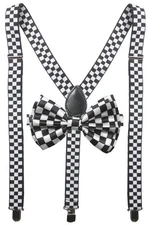 Checkered Black SUSPENDERS and BOW TIE COMBO SET Unisex Adjustable Suspender Ema