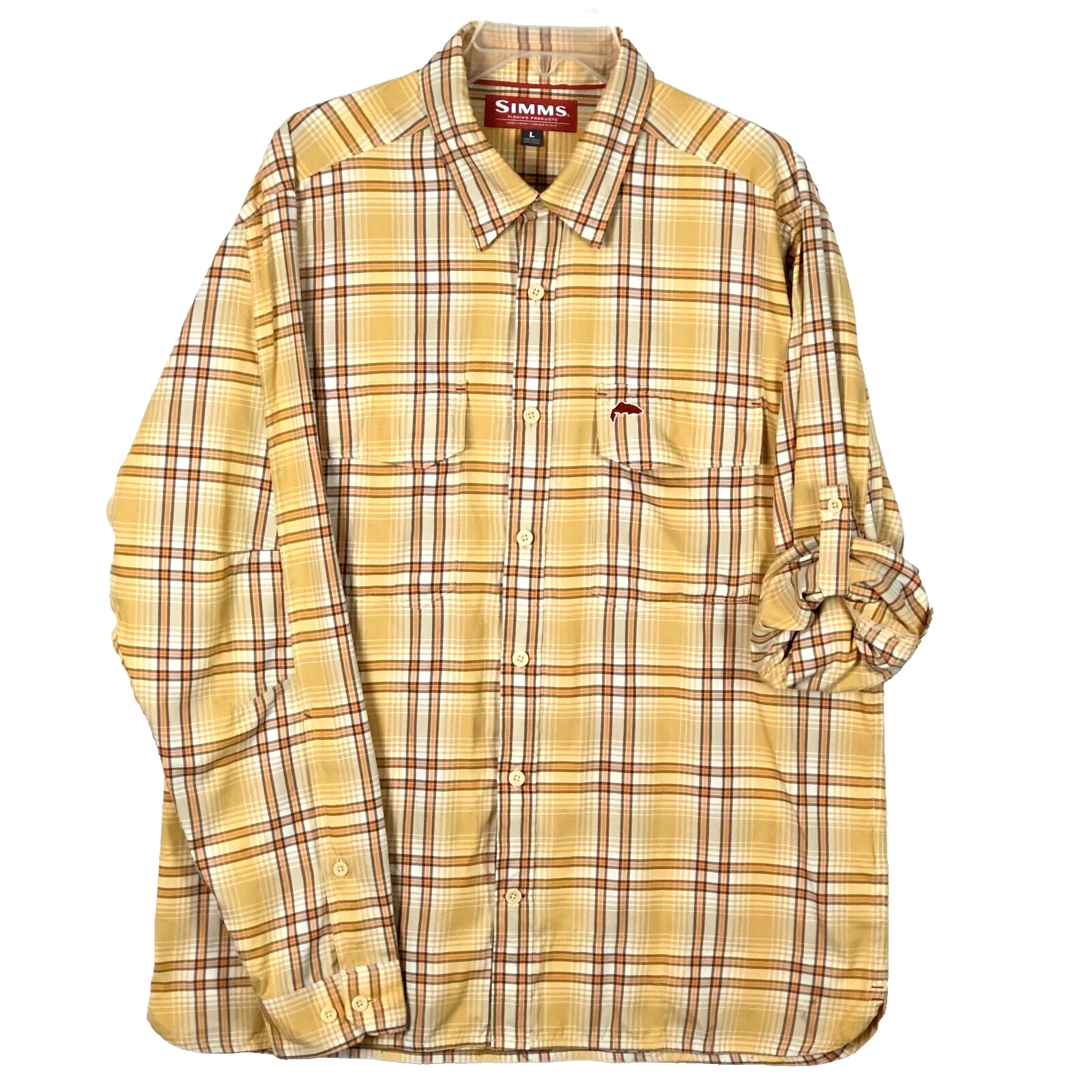 Simms Fishing Shirt Mens L Yellow Gold Plaid Roll Up Tab Button Up Nylon