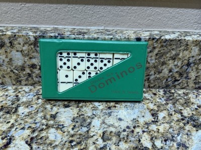 Vintage Mini Double Six Dominoes Set 28 Pieces Green Vinyl Case Collectible EUC