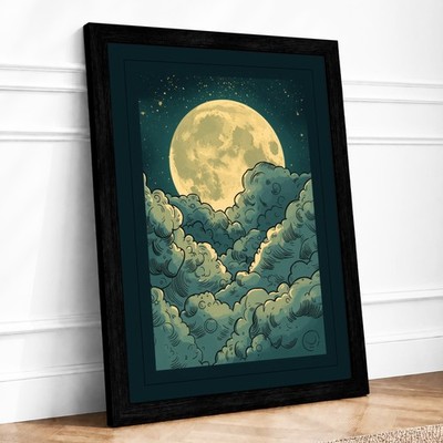 Leuchtender Mond durch Wolken minimalistischer gerahmter Wandkunstdruck fertig zum Aufhängen
