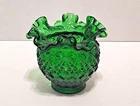 Vintage Fenton Art Glass Diamond Star  Ruffled Top Emerald Green Bowl Vase