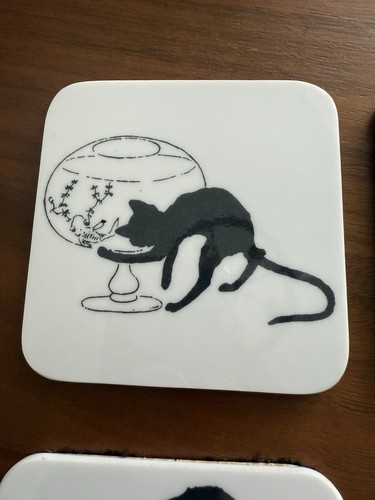 Theopile Steinlen Cat and Fish Bowl Artwork 4 Melamine Coasters - Picture 2 of 6
