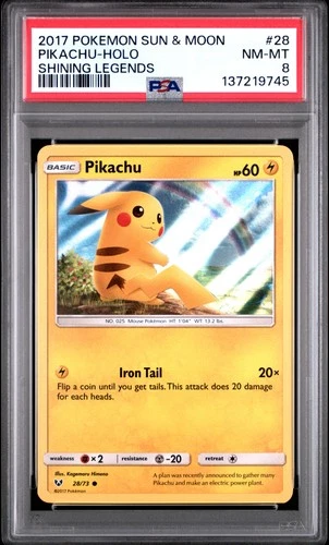 2017 POKEMON SUN & MOON SHINING LEGENDS #28 PIKACHU-HOLO PSA 8