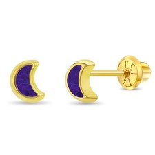 14k Gold Crescent Moon Lapis Baby / Toddler / Kids Earrings Safety Screw Back