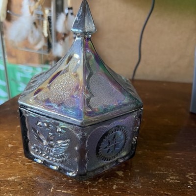 Indiana Glass Tiara Colonial Eagle Star Blue Carnival Hexagon Candy Dish Vintage