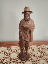 Hand-Carved Traveler Wood Folk Art Figurine of Man with Hat and Basket 12" tall