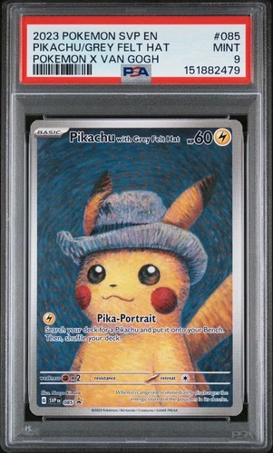 2023 Pokemon Van Gogh Pikachu Grey Felt Hat SVP en #085 Promo PSA 9 Mint