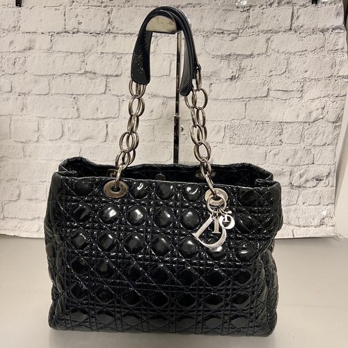 Christian Dior Dior Cannage Patent Leather Handbag Black Women's Excellent From