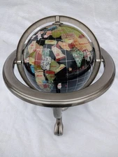 Black Onyx Gemstone Globe with Silver Stand 10" tall x 9" in Diameter