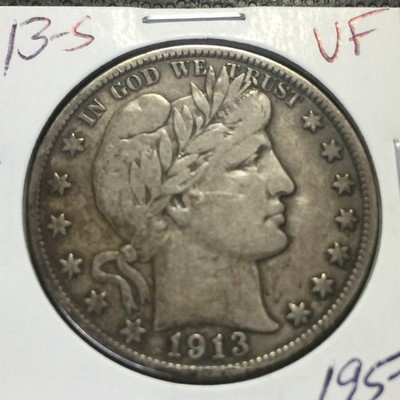 1913-S   VF Barber Half Dollar   Full Liberty Coin      Combined Shipping