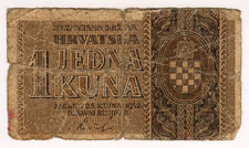 1942 Croatia 1 Kuna WW2 NDH AI083938 Low Conditions Paper Banknote Money