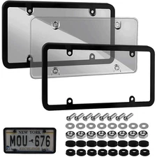 2PCS Universal Black License Plate Shields Frame Tag Cover Combo with Screw Caps