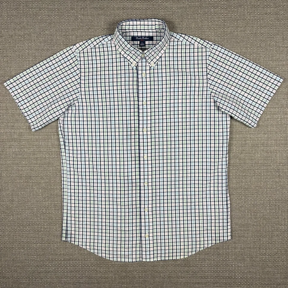 Brooks Brothers Boys Kids Youth Shirt L Short Sleeve White Blue Plaid Fleece New - Image 2 of 4