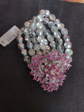 Statement Piece Bracelet Hot pink 🩷-shaped Stretch Silver & Clear Beads. 
