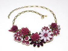 Vintage JOAN RIVERS Pink Burgundy Jeweled Garden Floral Bib Statement Necklace