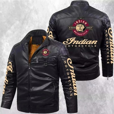 Mens Indian Biker Jacket Black - Genuine Cowhide Leather Motorcycle Bomber Moto
