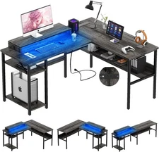 Reversible L Shaped Desk with Power Outlets and RGB LED Light, Sturdy Computer D