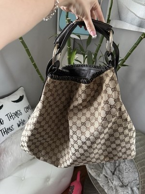 Gucci GG Monogram Canvas Hobo Shoulder Bag Brown Leather   Authentic
