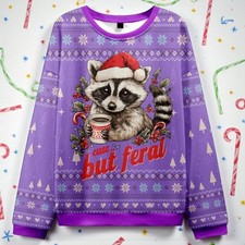 Funny Raccoon: Cute But Feral Christmas Ugly Sweater For Men  Women S-5XL